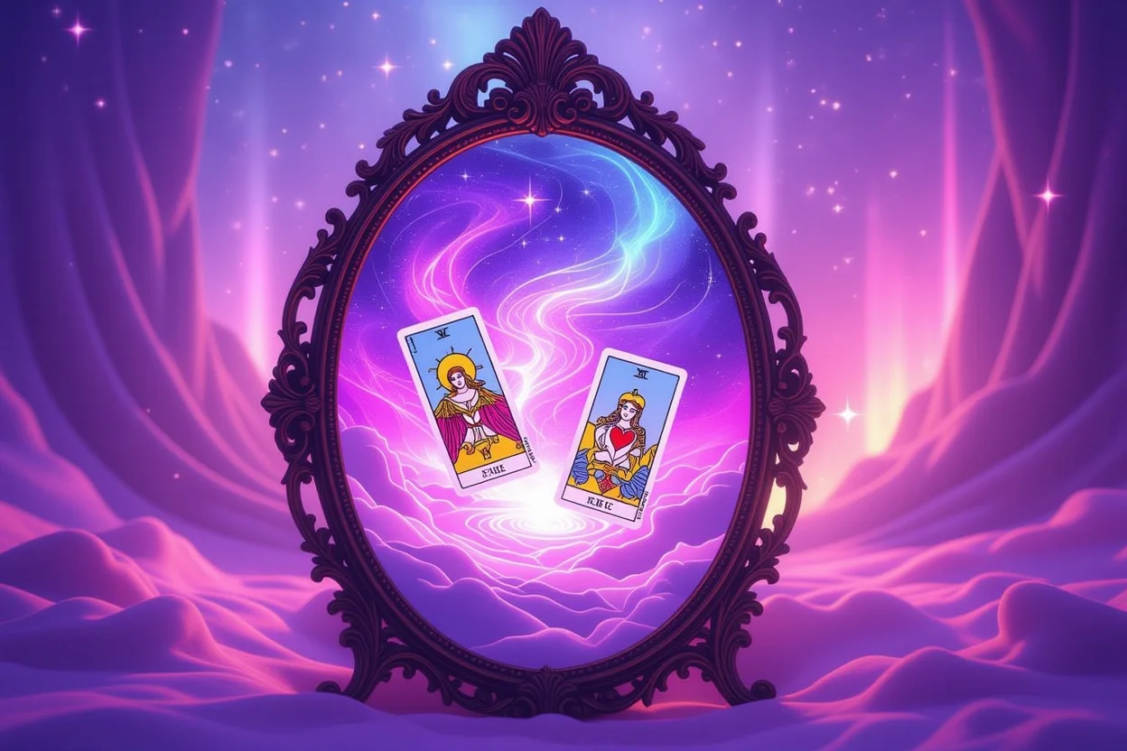 タロットカードを映し出す神秘的な鏡、恋愛の停滞を浮き彫りにする内省的なイメージ