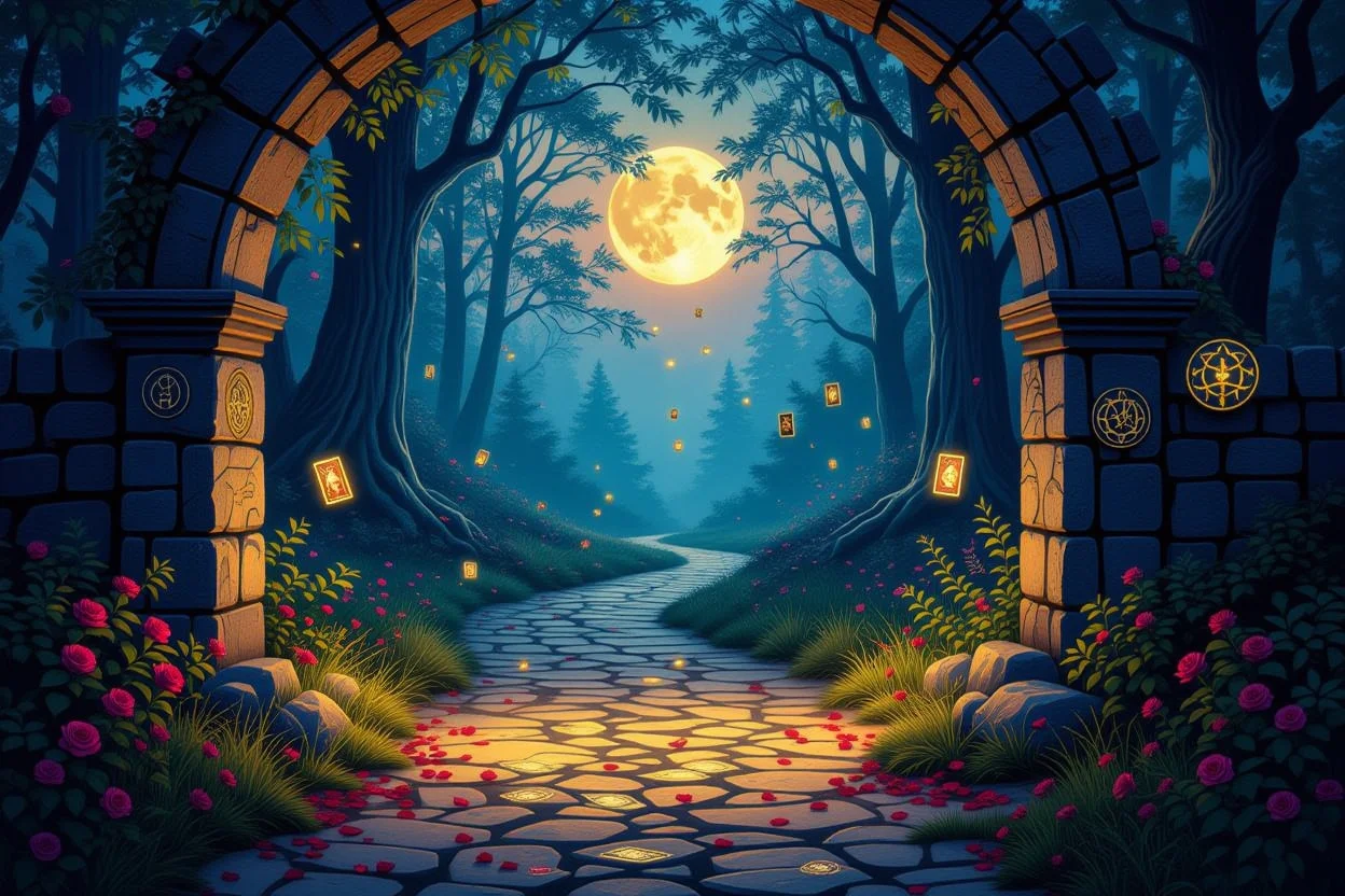 恋愛の未来への道筋を示す神秘的な分かれ道とタロットカード、運命の選択