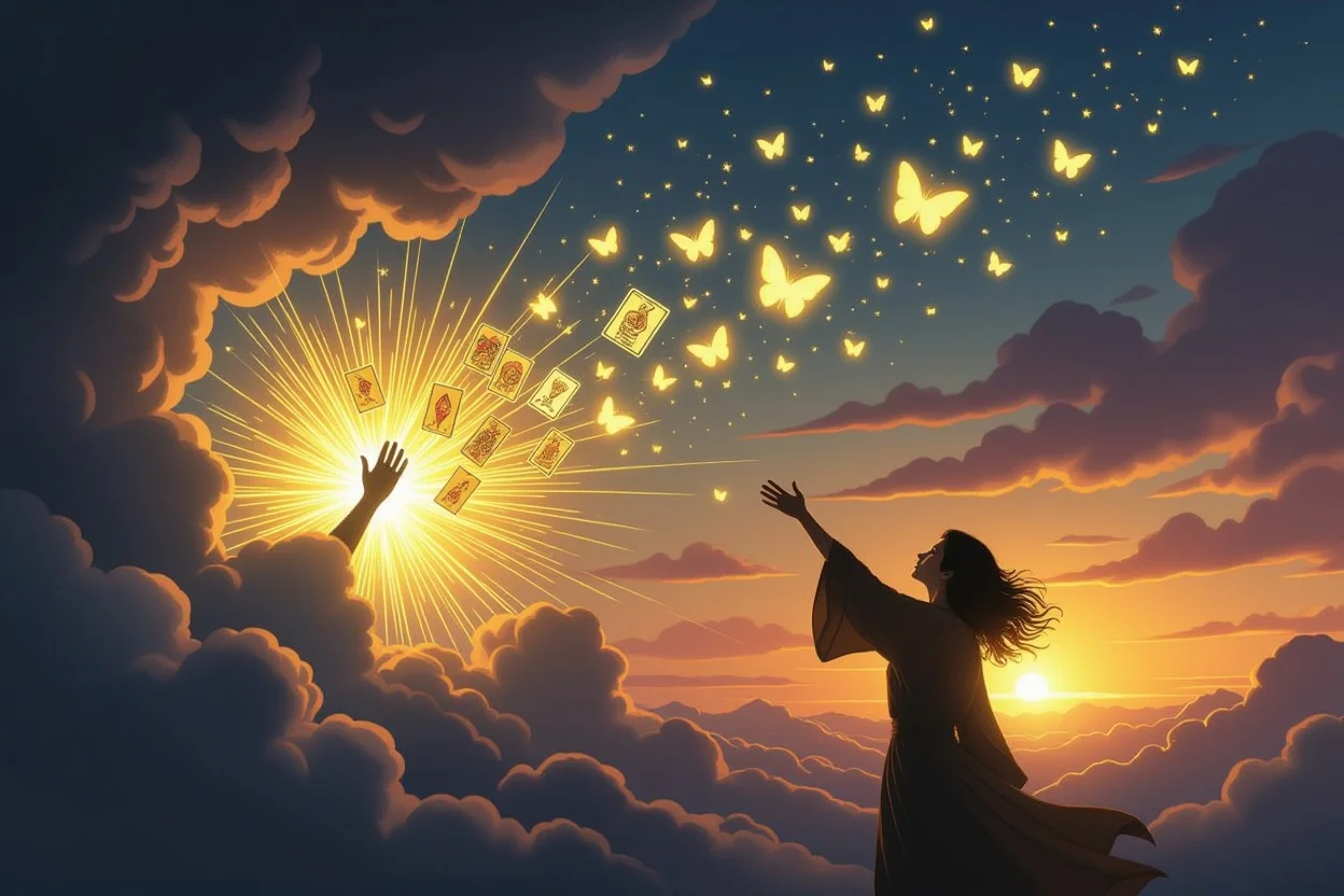 恋愛の停滞を打破する瞬間、タロットカードが光る蝶に変わる希望の象徴