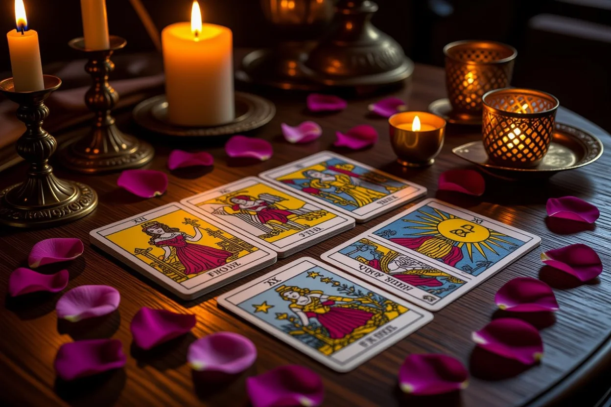 恋愛タロット占いのカードスプレッドとキャンドルライトの神秘的な雰囲気