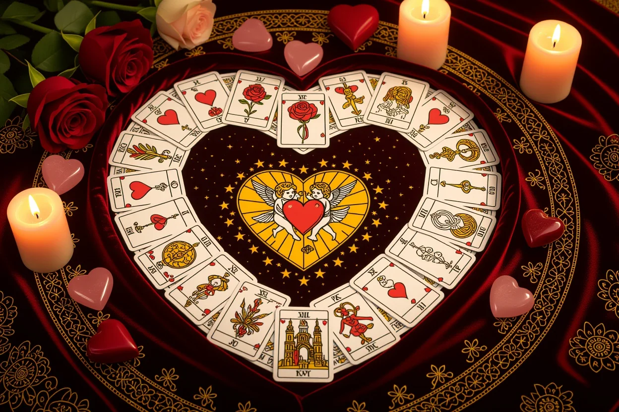 ハート型に配置された恋愛タロットカードスプレッドと薔薇の花びら