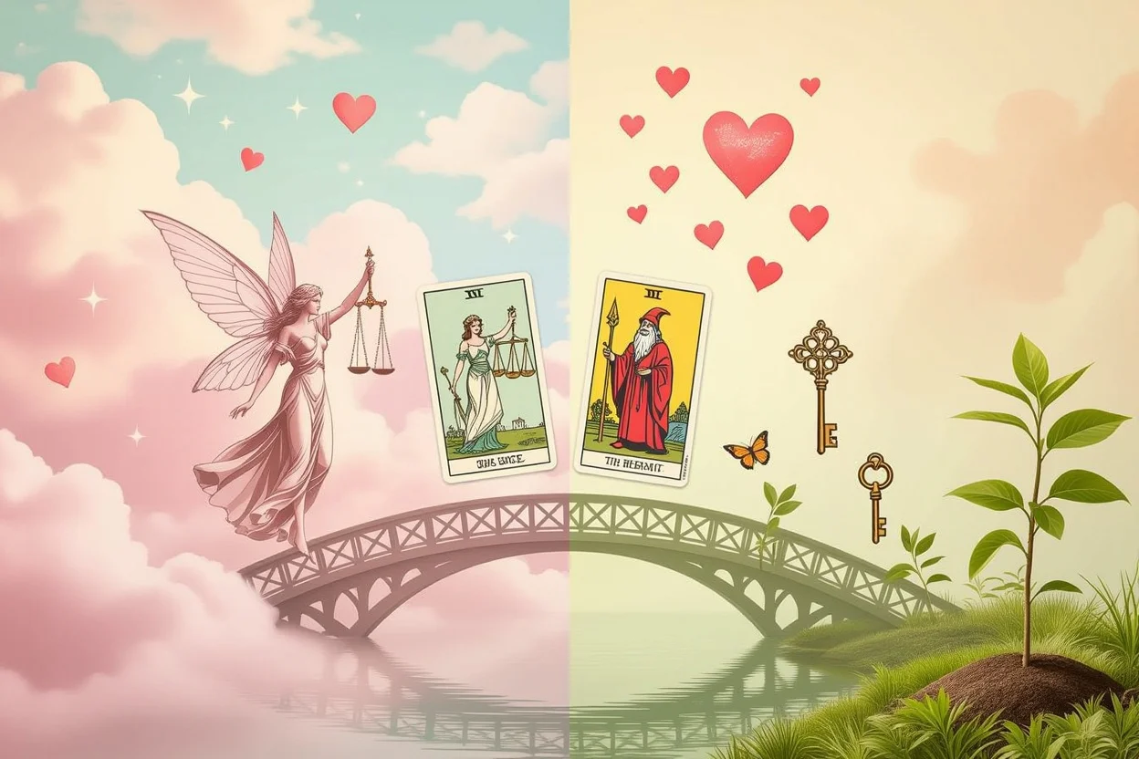 恋愛における理想と現実のバランスを示すタロットカードのイメージ - 現実的な関係構築