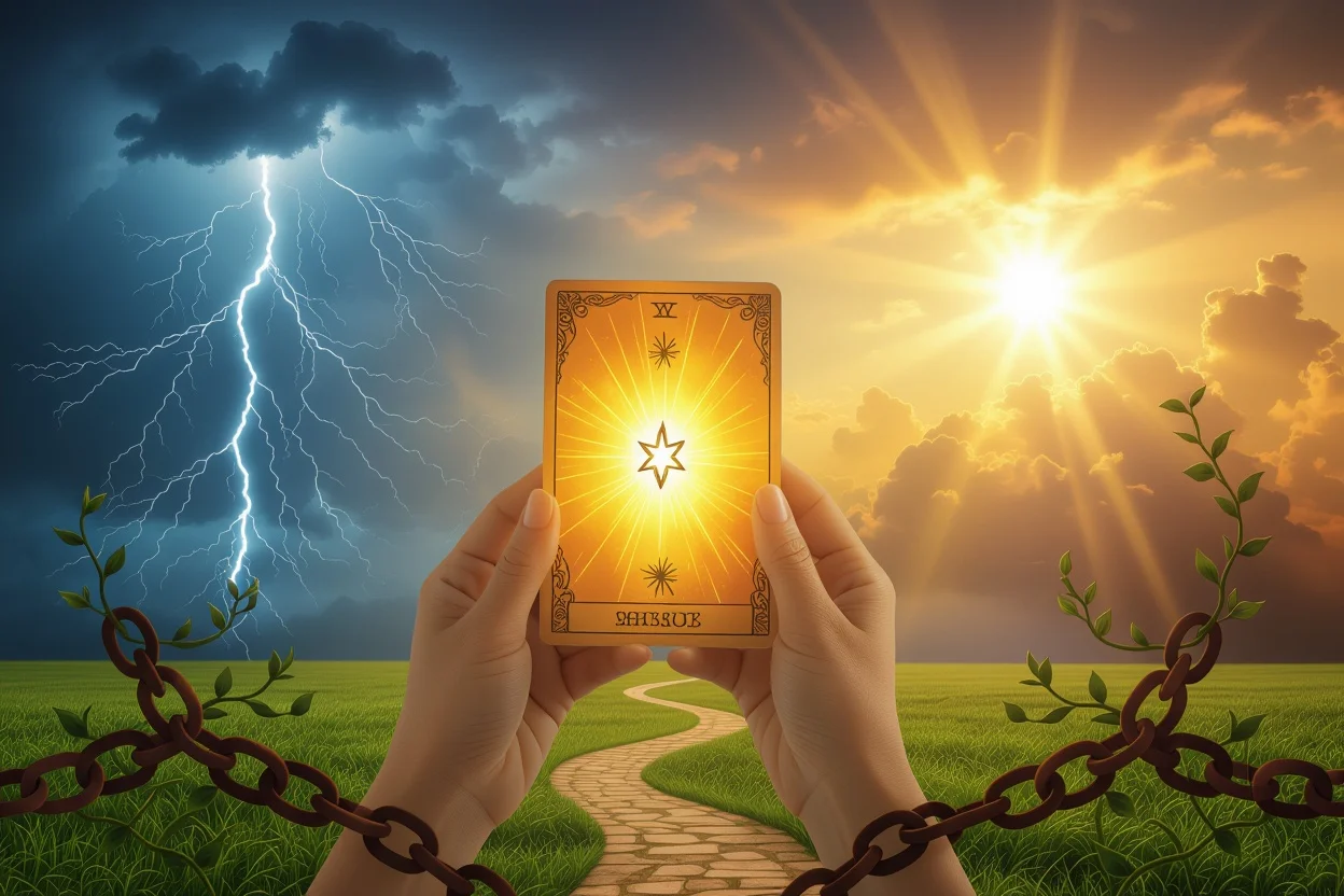 タロットカードで恋愛の課題を乗り越える力を示すイメージ - 自己成長と前進への道