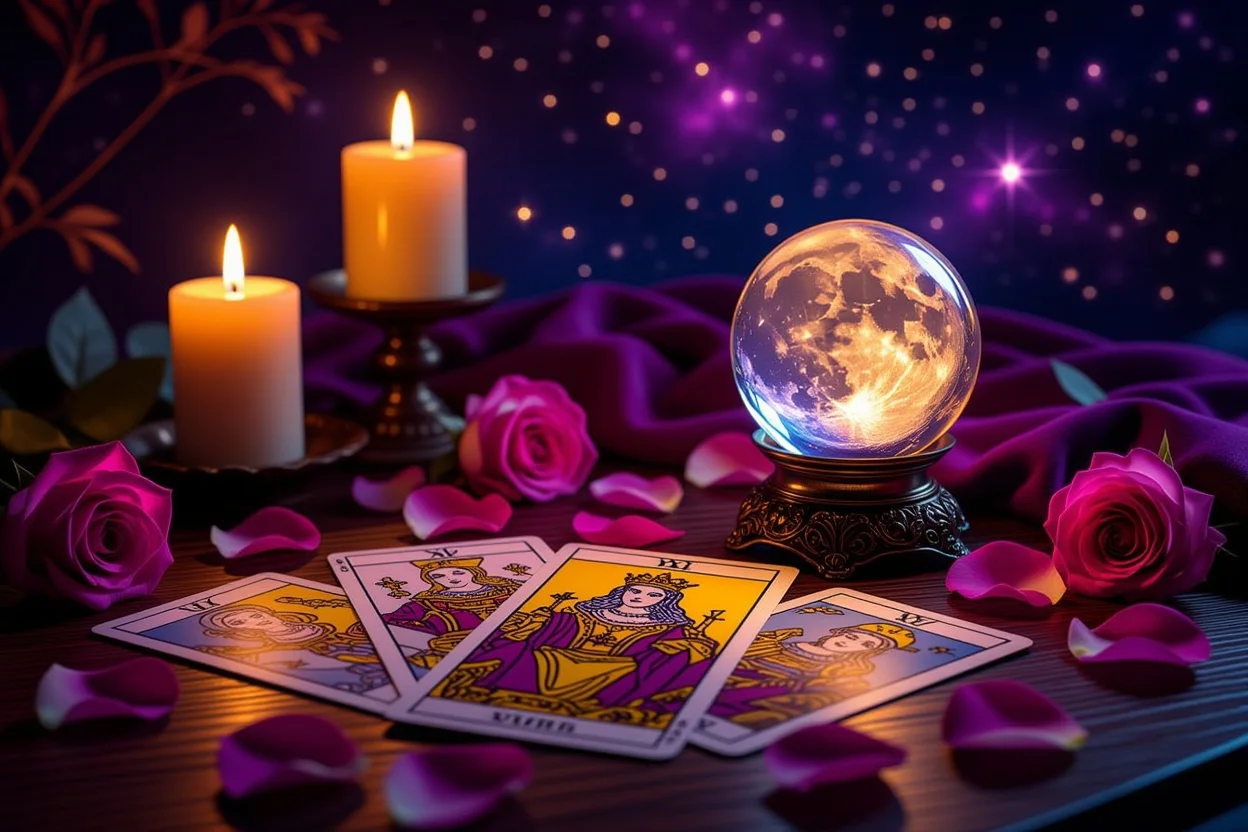 恋愛タロット占いの神秘的なシーン、キャンドルライトとタロットカード