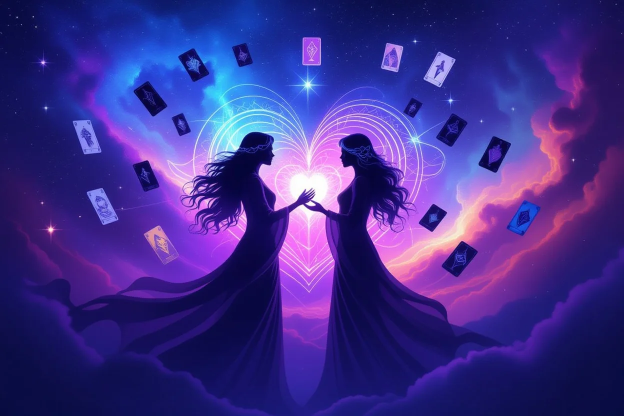 魂の共鳴を表現する宇宙空間の二人のシルエットとタロットカード