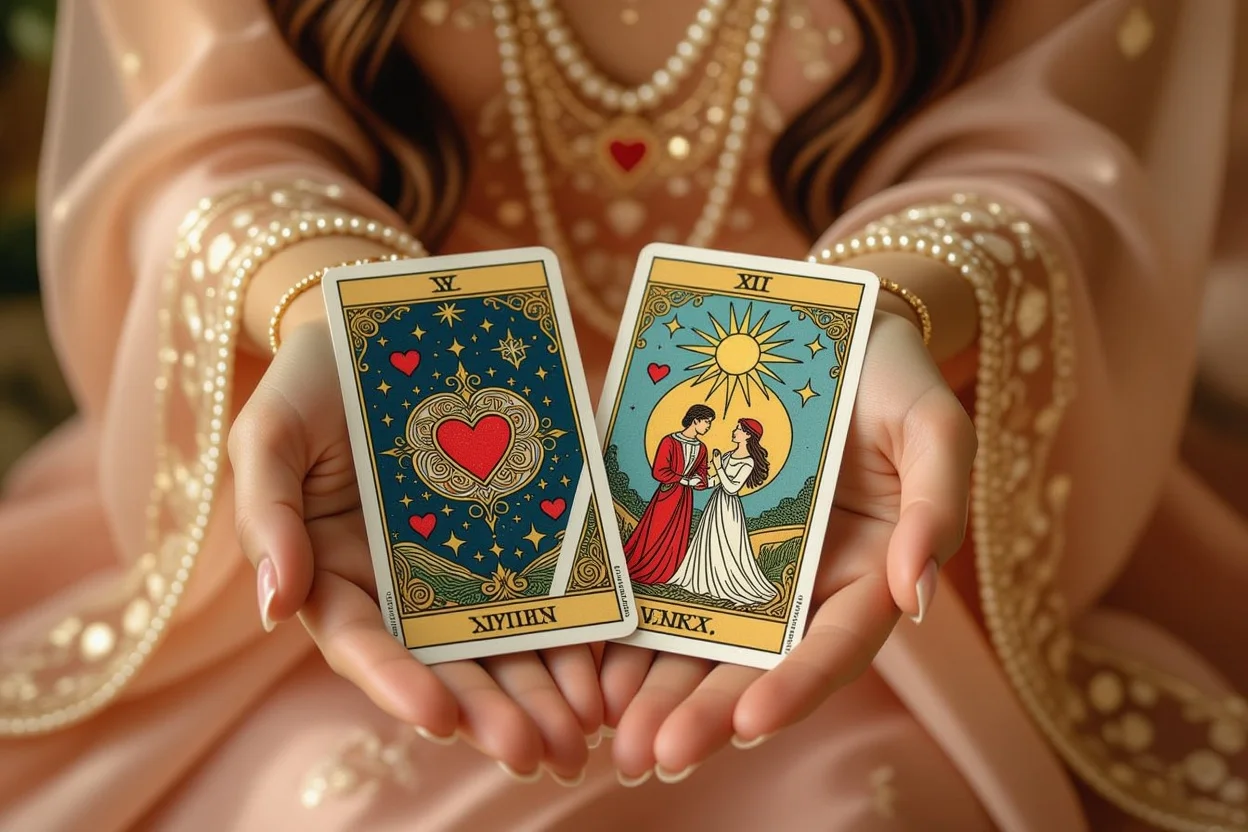恋愛タロットカードを持つ美しい手、ロマンチックな照明