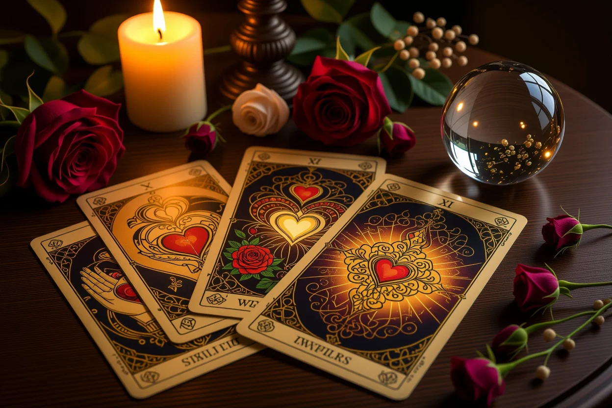 恋愛タロットカードのスプレッド、キャンドルライトの下で神秘的な雰囲気