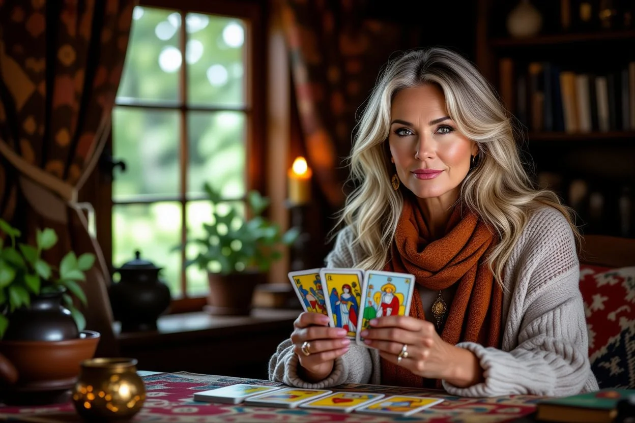 成熟した女性がタロットカードで恋愛について深く考えている様子