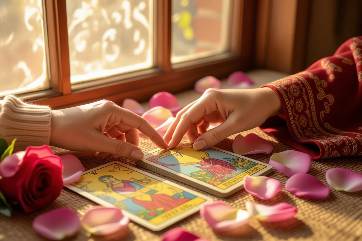タロットカードに触れる手と薔薇の花びら、恋愛の新しい始まりを象徴
