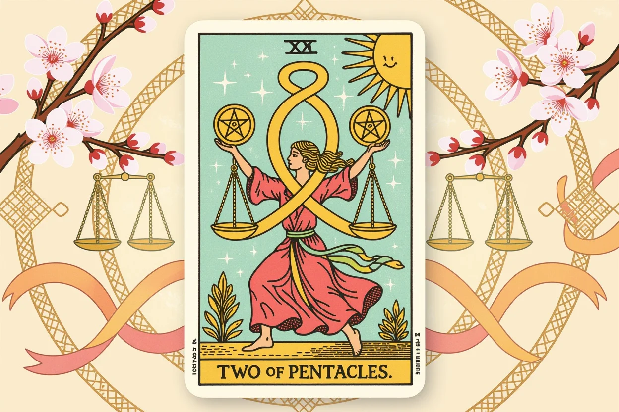 ペンタクルの2のタロットカードと恋愛関係の柔軟性を表現した画像
