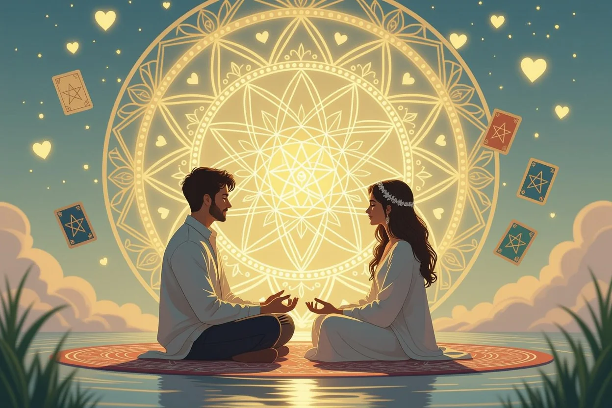 恋愛の心理的安定とペンタクルスートの教えを表現した瞑想的なタロット画像