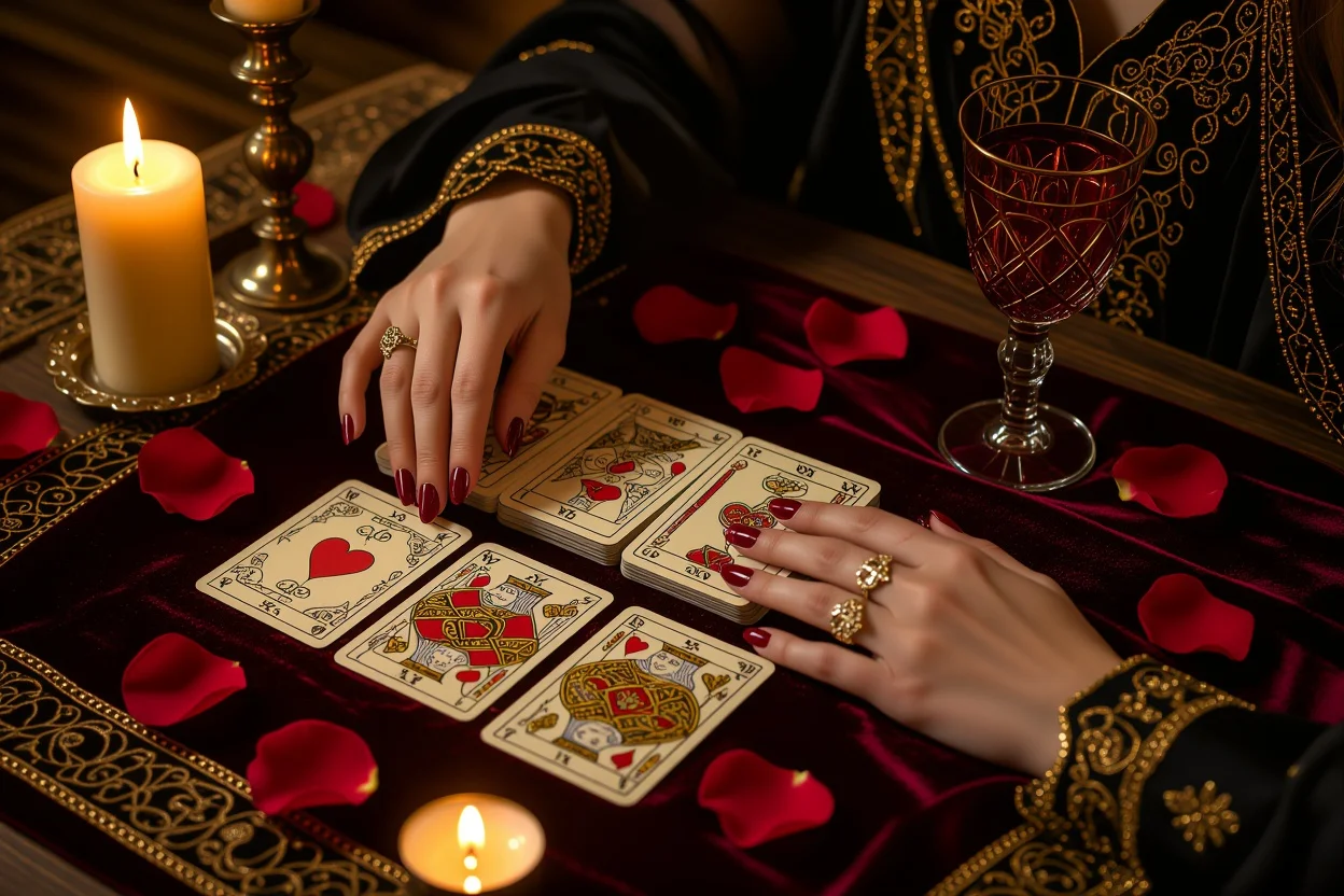 恋愛タロット占いのカードリーディング風景、ろうそくの光に照らされた神秘的なタロットカード