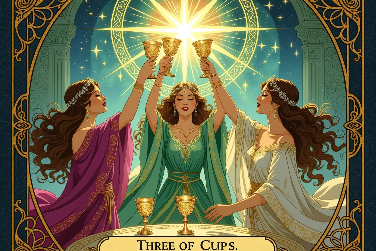 カップの3のタロットカード、三人の女性がカップを掲げる神秘的なイラスト、恋愛占いマイナーアルカナ