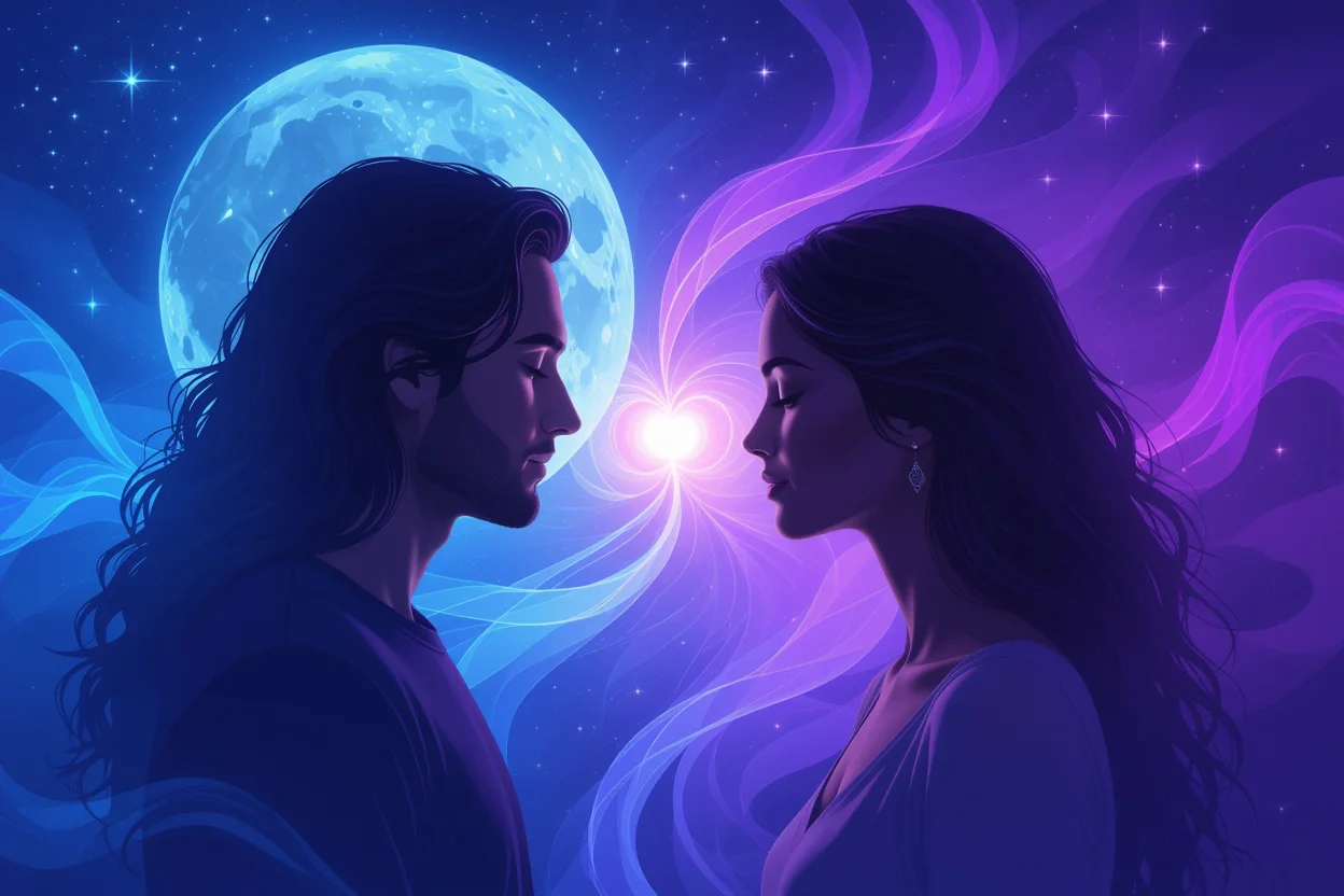 恋愛関係の深層と表面を表現したスピリチュアルアート、二人の魂の繋がりを描いた幻想的なイメージ