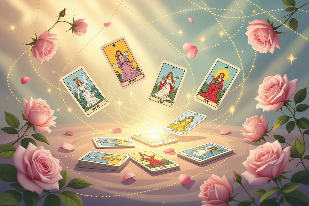 マイナーアルカナカードと恋愛指導の瞑想的シーン、成熟した恋愛関係のスピリチュアルガイダンス