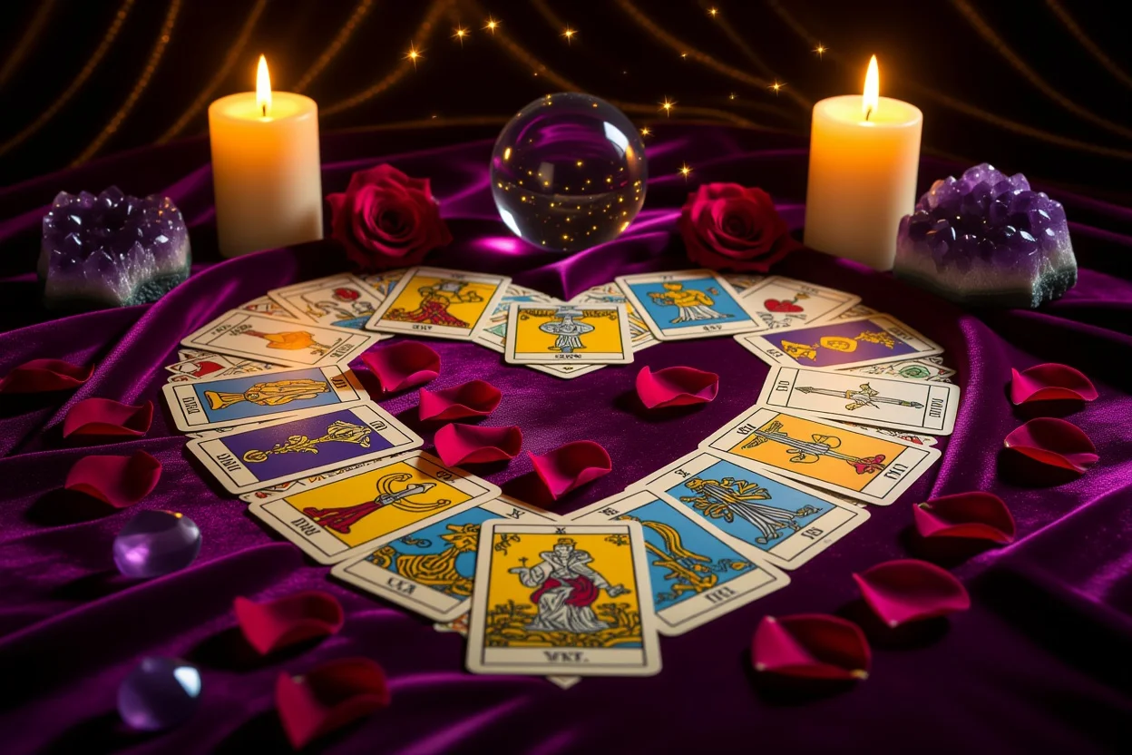 恋愛タロット占いのマイナーアルカナカードが美しくレイアウトされた神秘的なタロットスプレッド