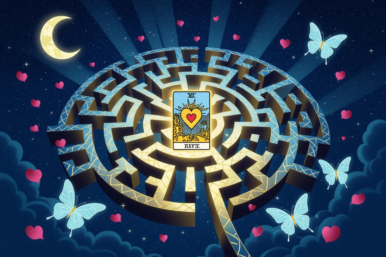 恋愛の迷路を示すタロットカードと幻想的な光の道筋による愛の導きのイメージ