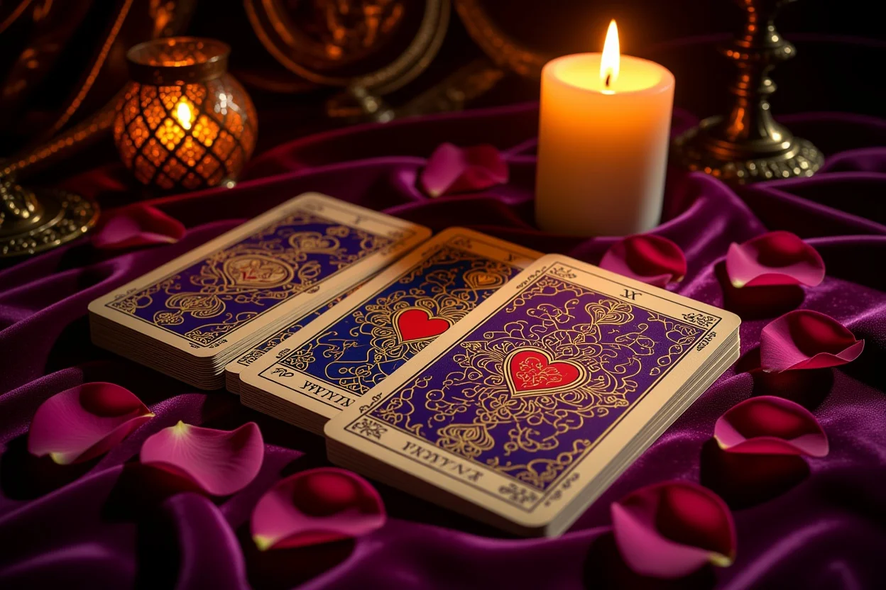 恋愛タロットカードと薔薇の花びら、神秘的な雰囲気の占い