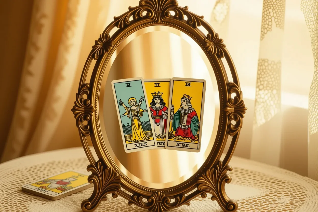 鏡に映るタロットカード、自己反省と内なる知恵を表現