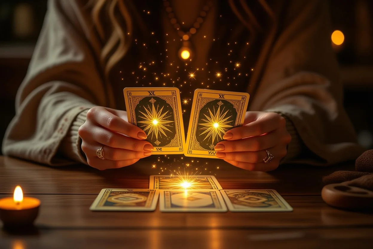 タロットカードを持つ手、恋愛の導きを求める神秘的なシーン