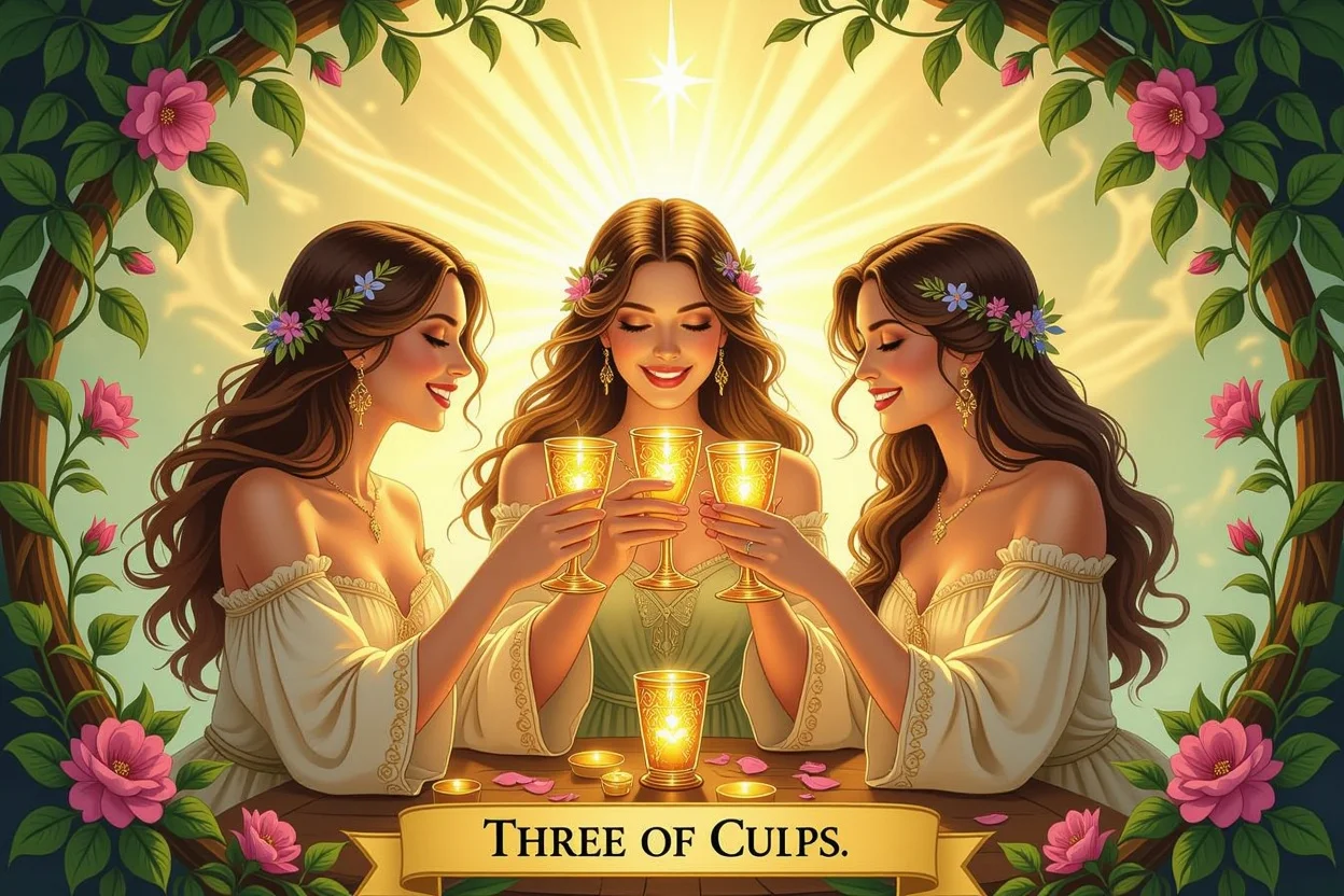 カップの3タロットカード・三人の女性・乾杯・友情と愛・祝福のシーン