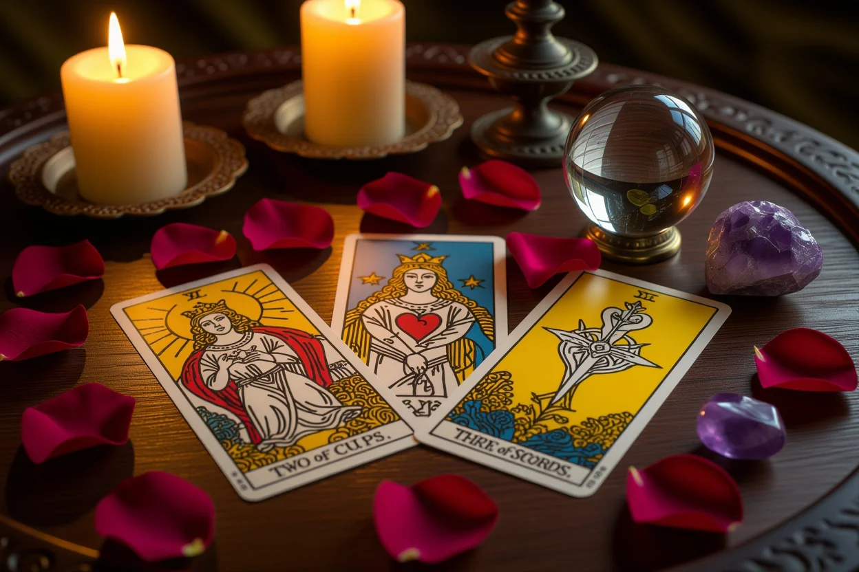 恋愛タロット占いのカードスプレッド、キャンドルとクリスタルに囲まれた神秘的な雰囲気