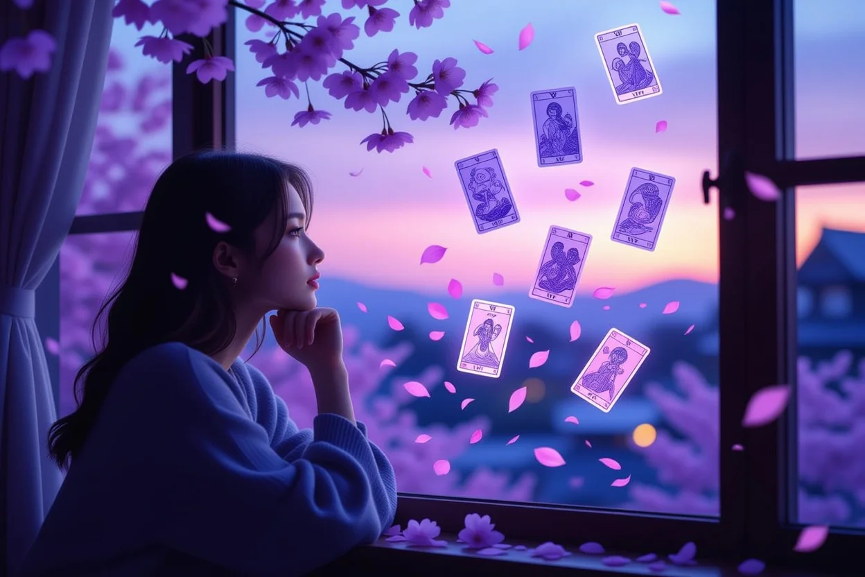 窓辺で恋愛の悩みを抱える女性とタロットカードの幻想的なイメージ