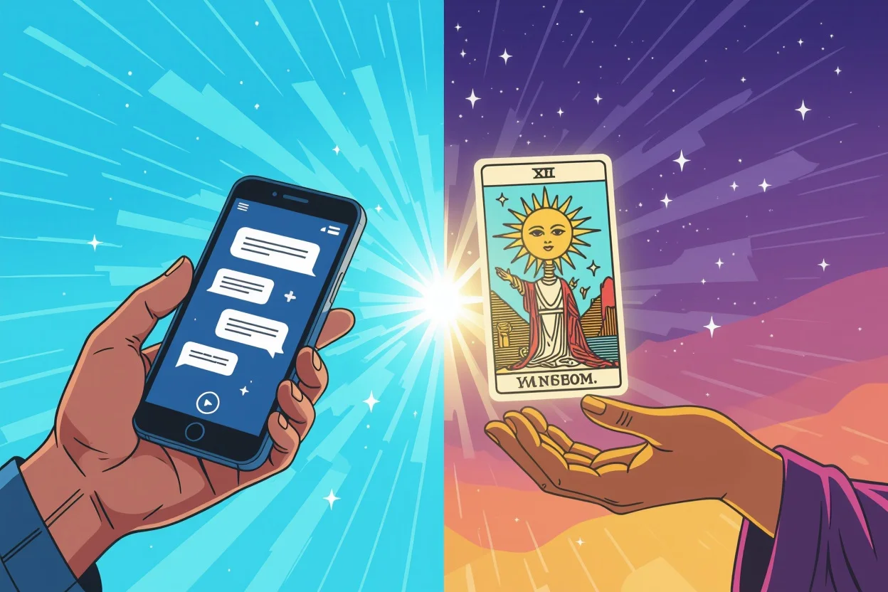 現代の恋愛コミュニケーションの悩みとタロットによる解決を表現した対比イメージ