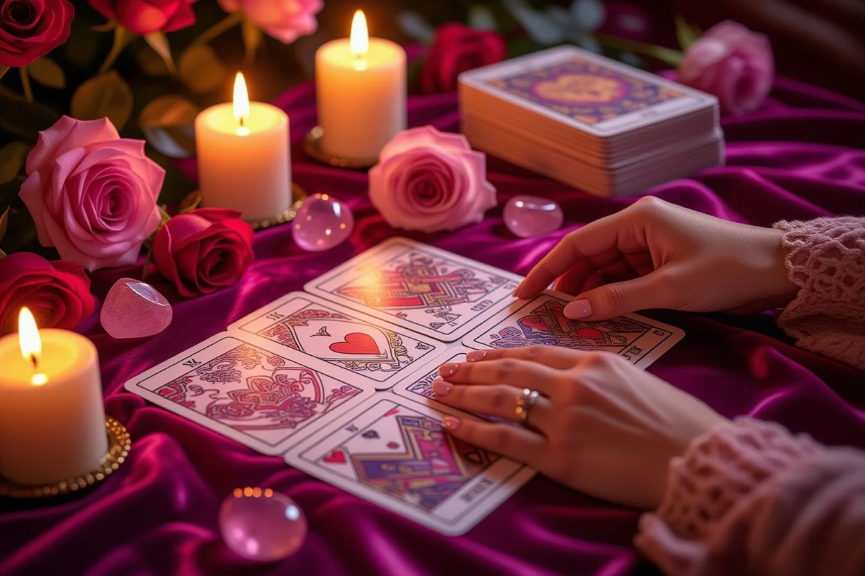 恋愛タロット占いのカードスプレッド、ろうそくの光とバラの花びらに囲まれた神秘的な雰囲気