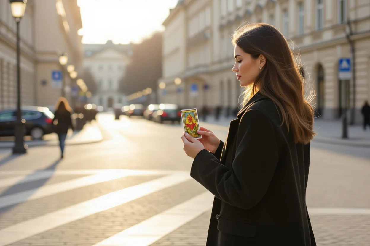 タロットカードの導きに従って行動を起こそうとする人、現実的な恋愛運アップのイメージ