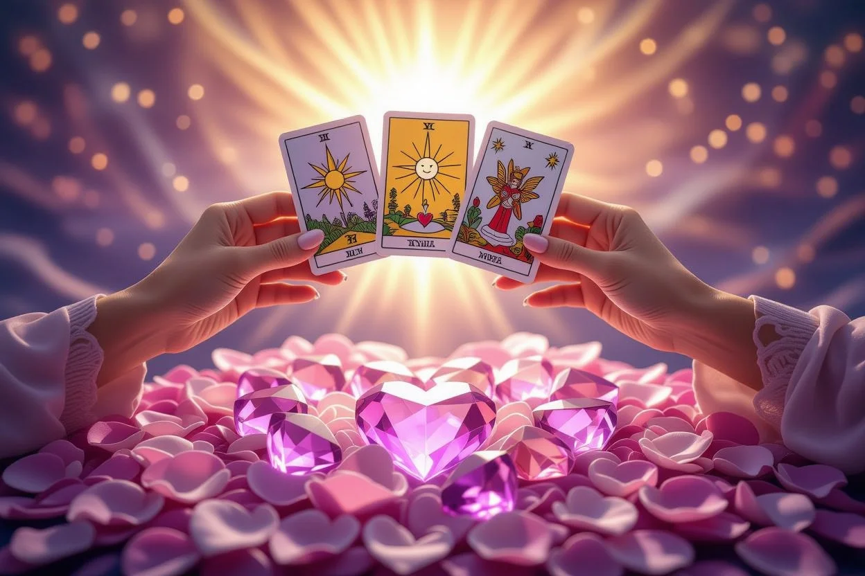 タロットカードで恋愛の課題を乗り越える神秘的なイメージ