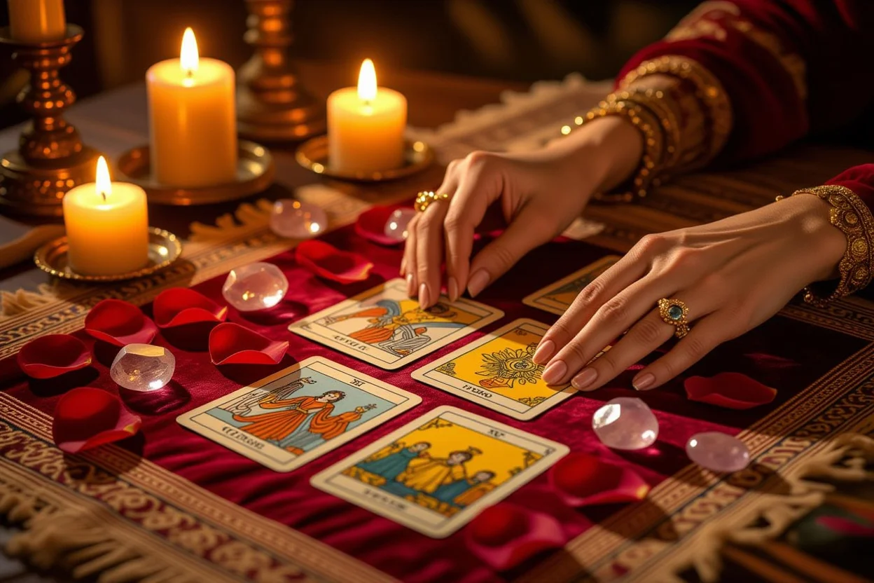 恋愛タロット占い、自己成長と内面の発見をテーマにした神秘的な占いの場面