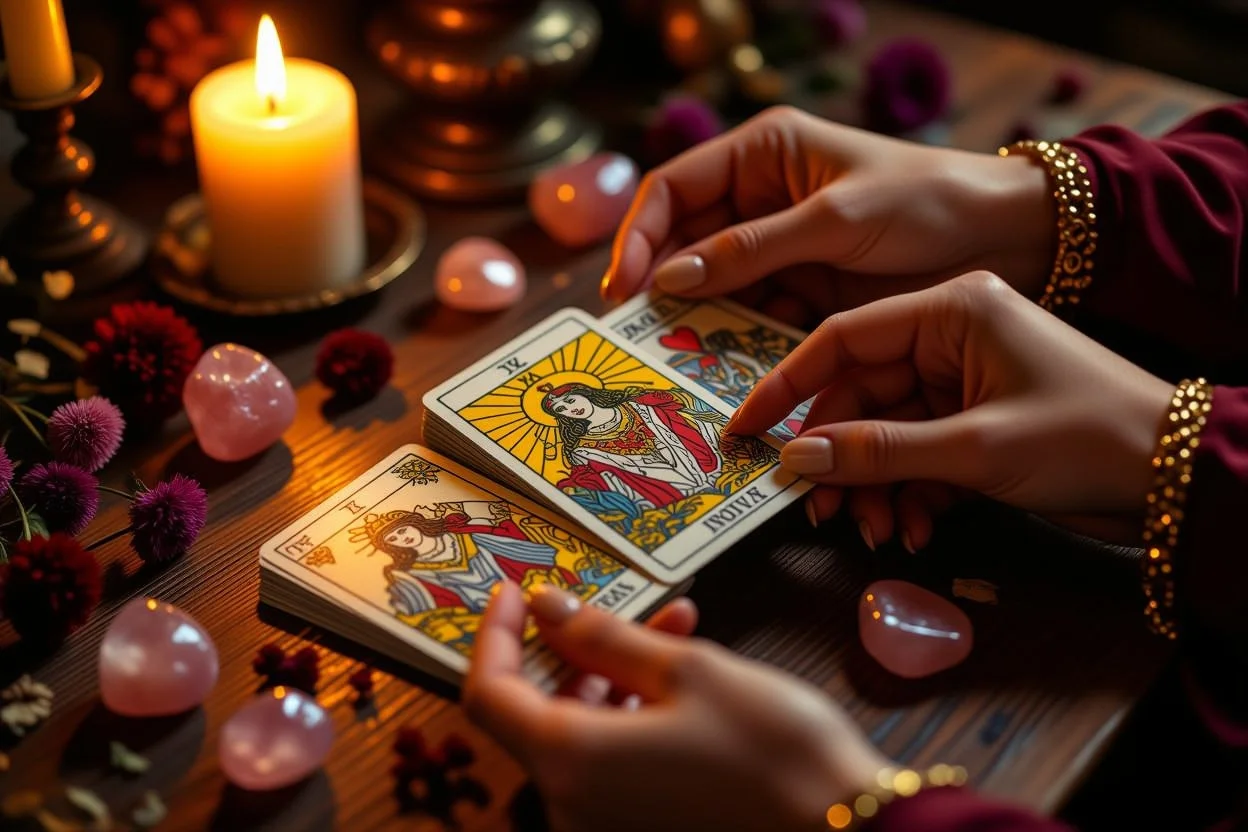タロットカードリーディングの様子・恋愛相談と内省のイメージ