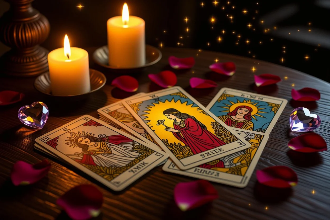 恋愛タロットカードによる自己省察のイメージ、キャンドルライトとハート型のクリスタル