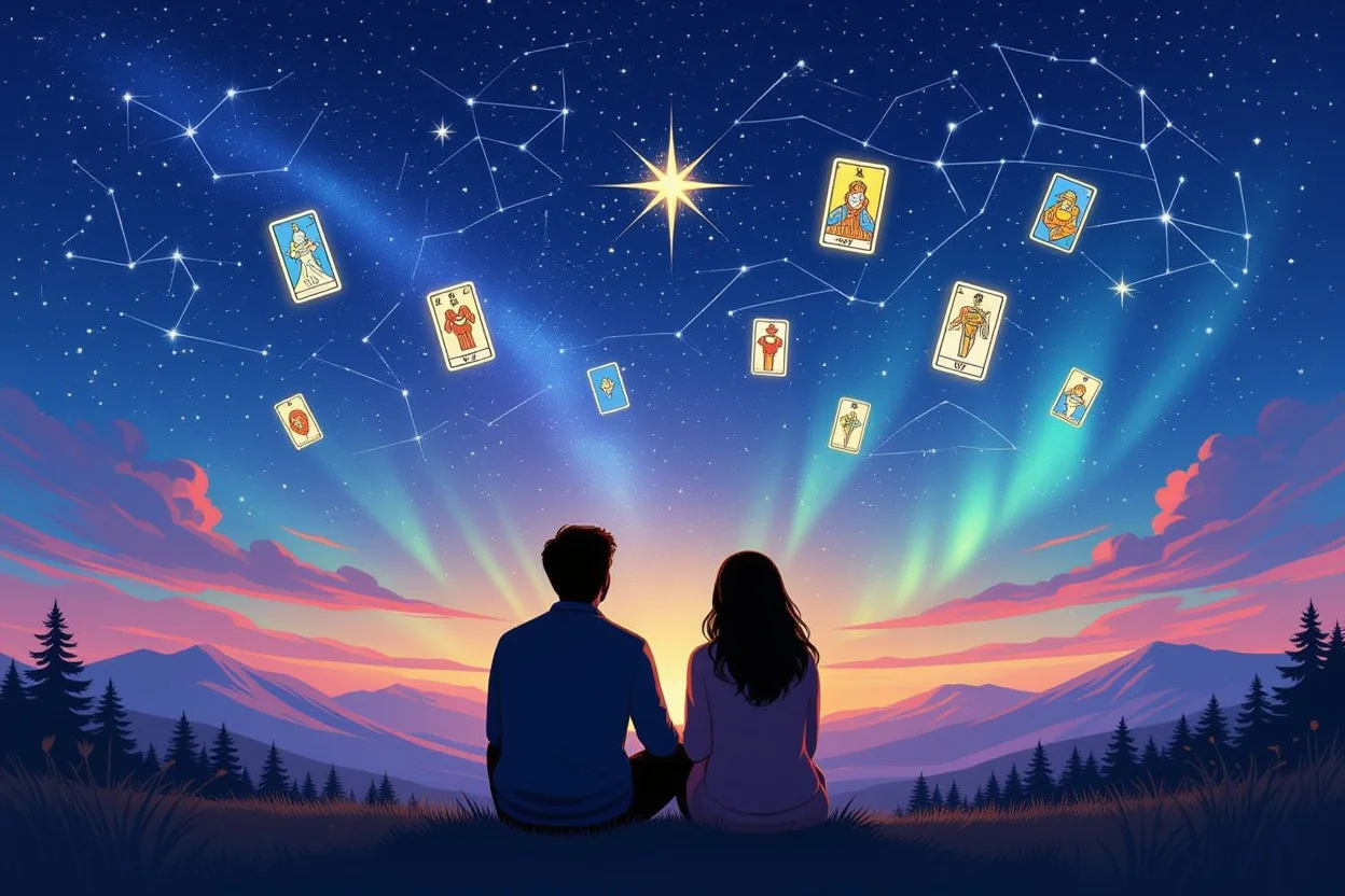 自己理解に基づく真の愛を象徴する星空の下のカップルとタロットカードの星座