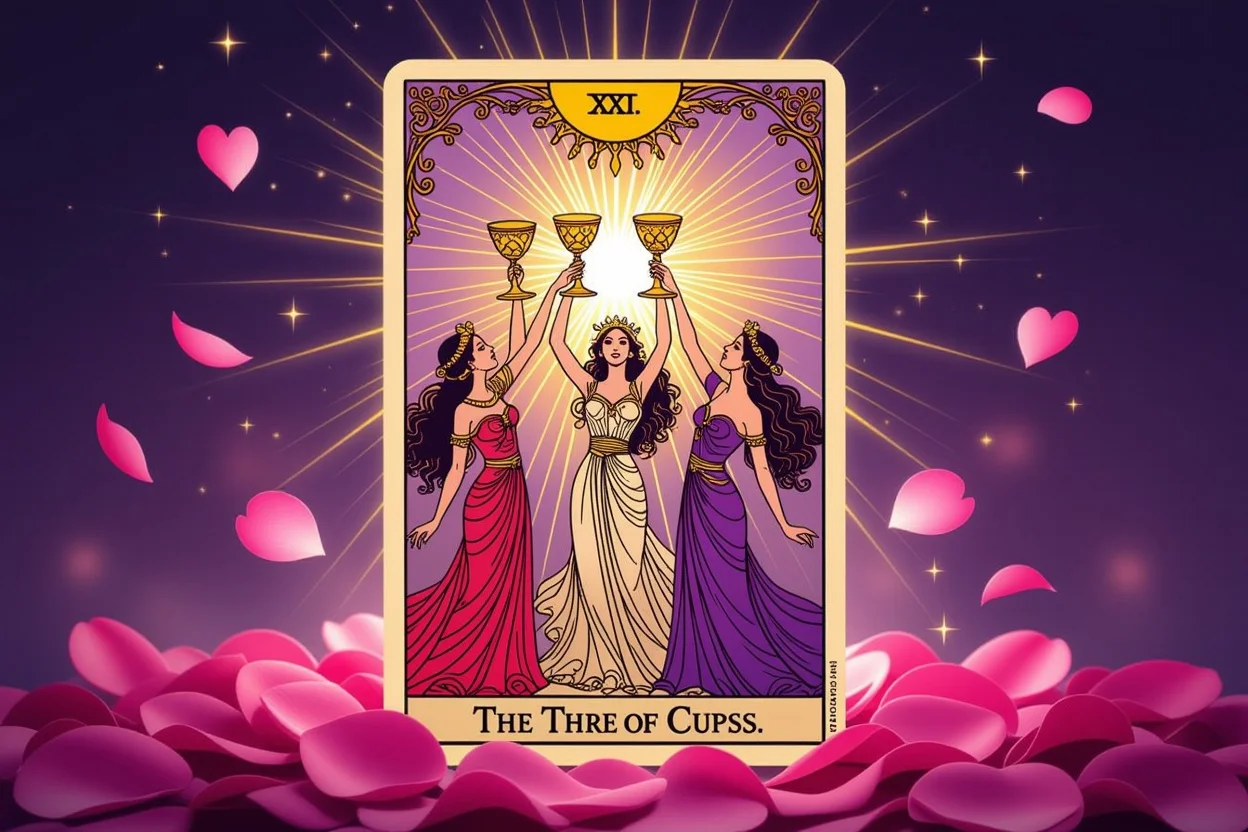 カップの3のタロットカードと恋愛の深層心理を表す神秘的なイメージ