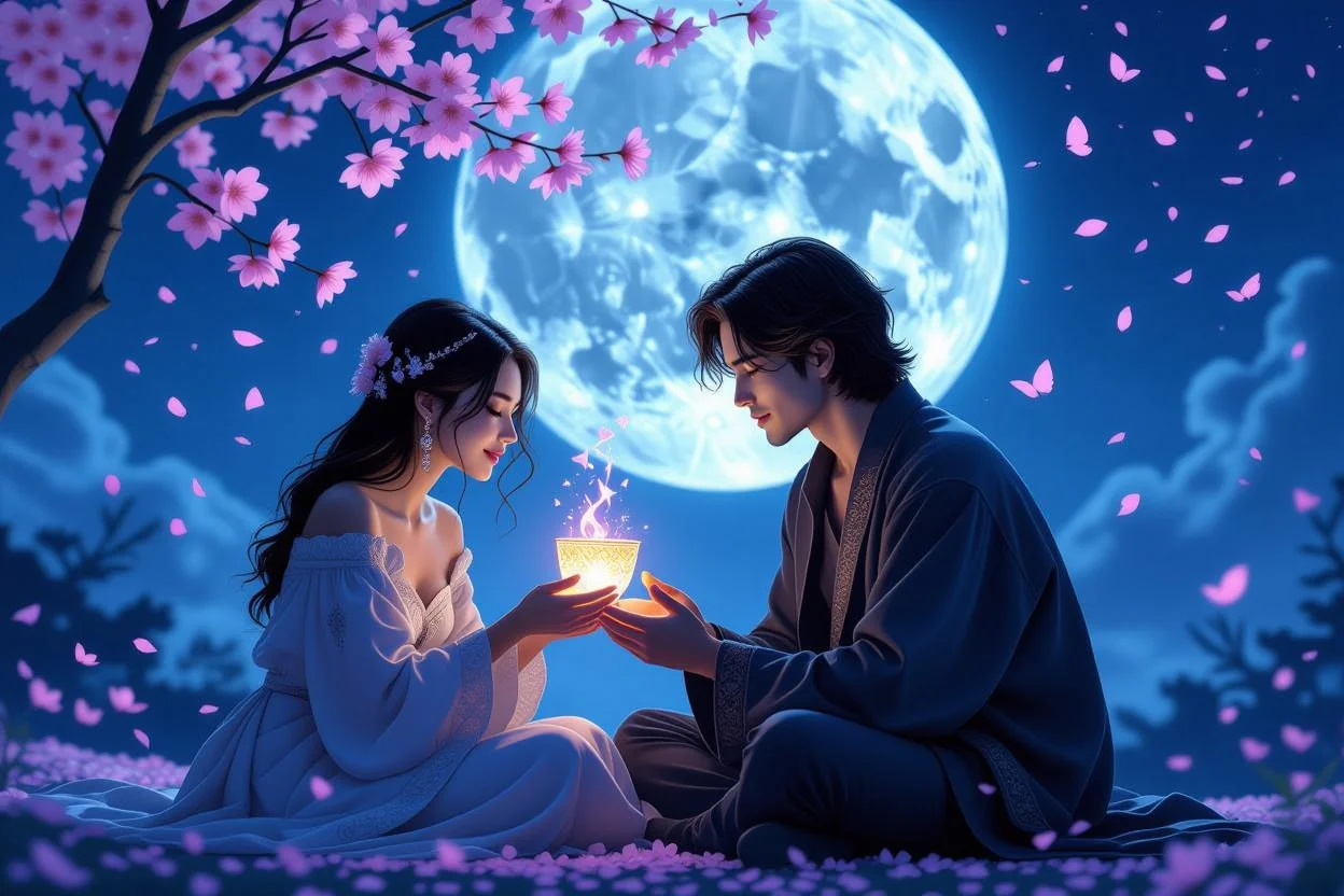 月光の下でタロットカードに囲まれたロマンチックなカップル