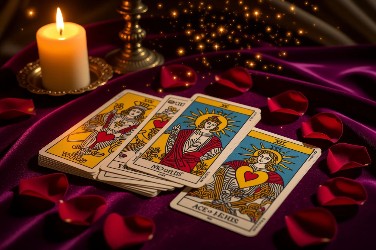 恋愛タロットカードの神秘的な占いシーン、キャンドルの光とバラの花びら