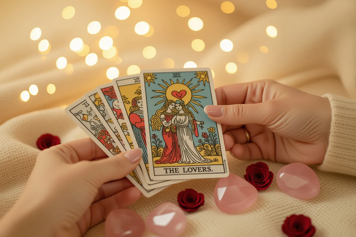 タロットカードを持つ手と恋人のカード、ロマンチックな占い風景