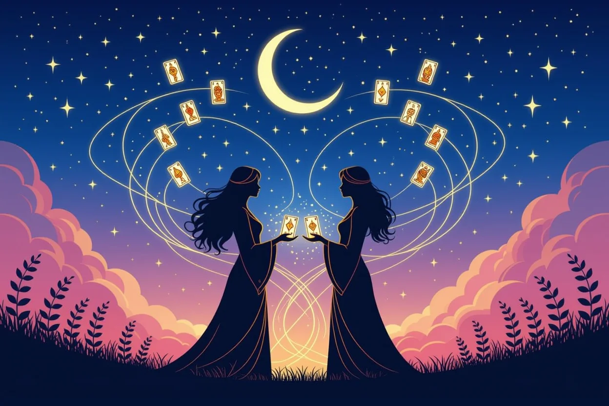 二人のシルエットと浮遊するタロットカード、隠された感情を表現した神秘的なイメージ