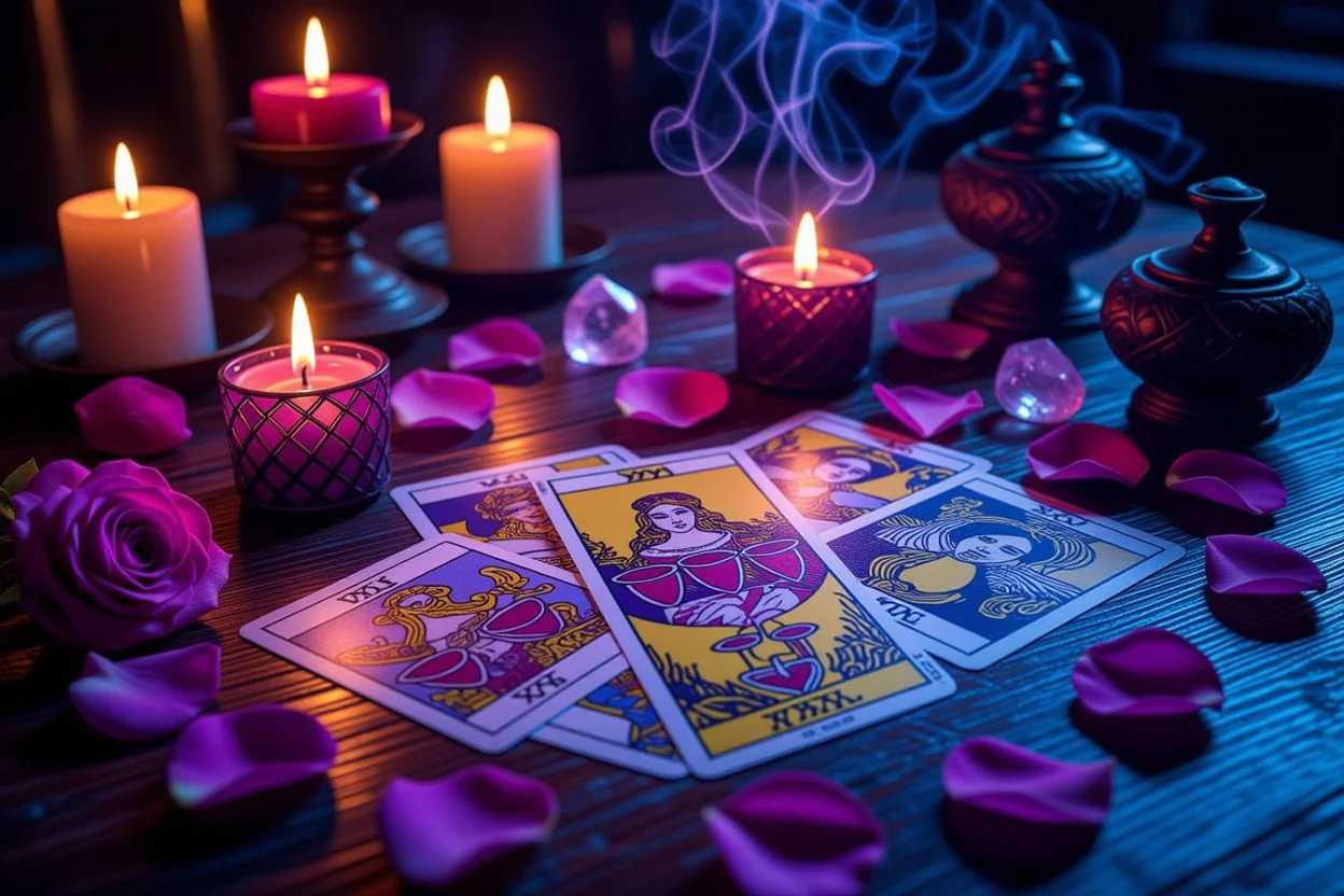 恋愛タロット占いのカップスートカードと神秘的なキャンドルライト
