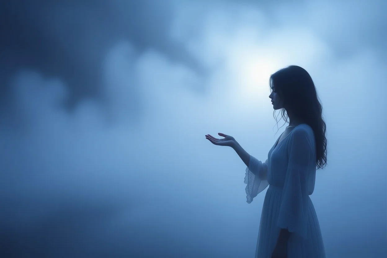 恋愛の迷いと孤独感を表現する霧の中の女性