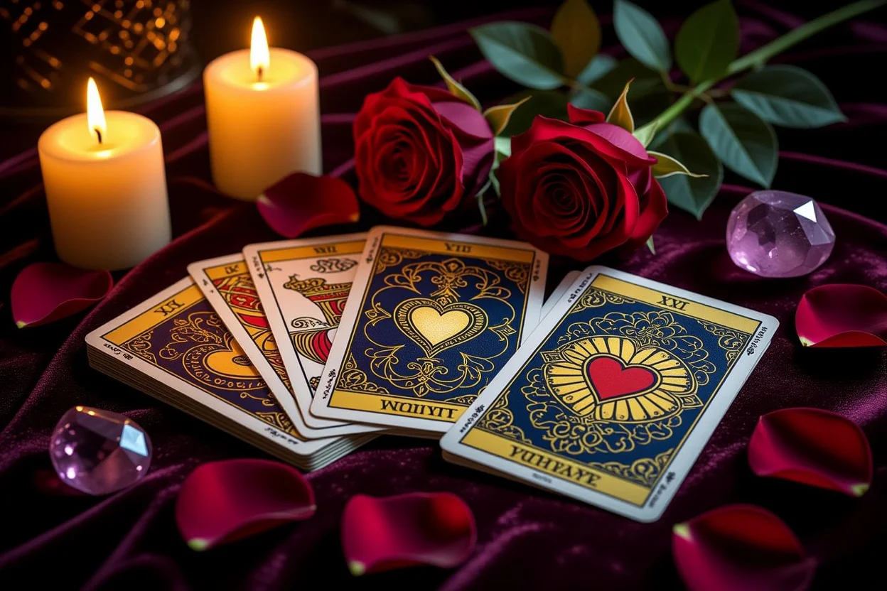 恋愛タロットカードの神秘的な占いセッション、ろうそくの光とバラの花びらに囲まれた美しいカードスプレッド
