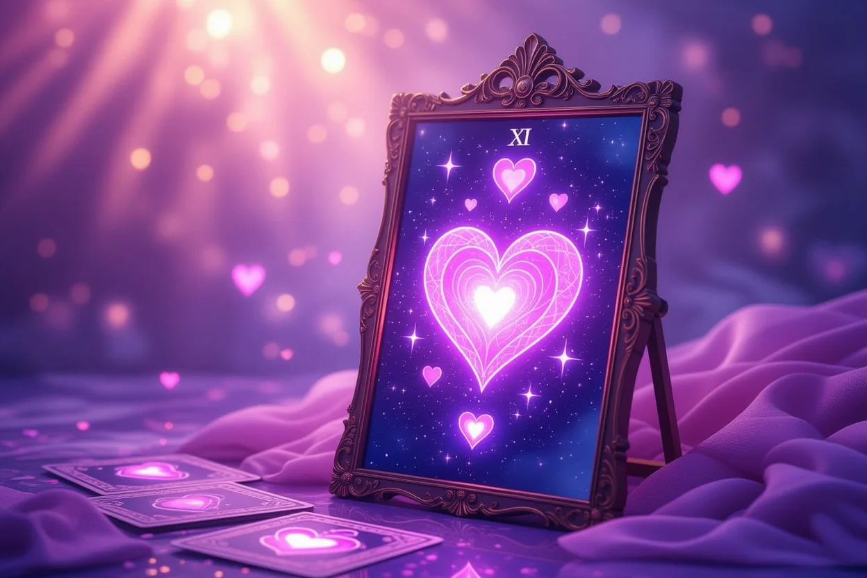 タロットカードを映す鏡と心の反射、自己理解と恋愛における内なる知恵を表現した幻想的なイメージ