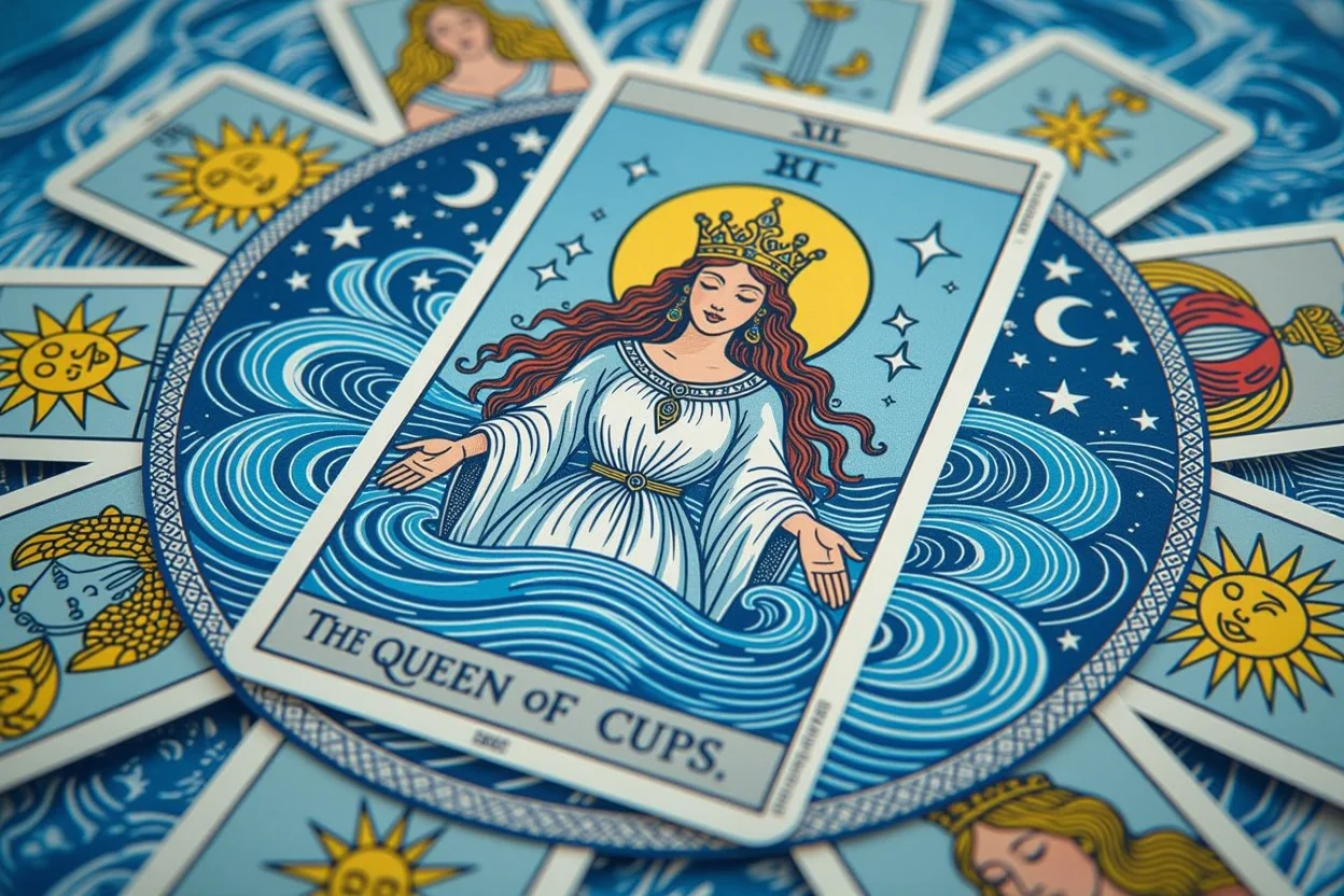 カップのクイーンタロットカード、感情の深さと直感的な愛の理解を表現する水と女性エネルギーの象徴