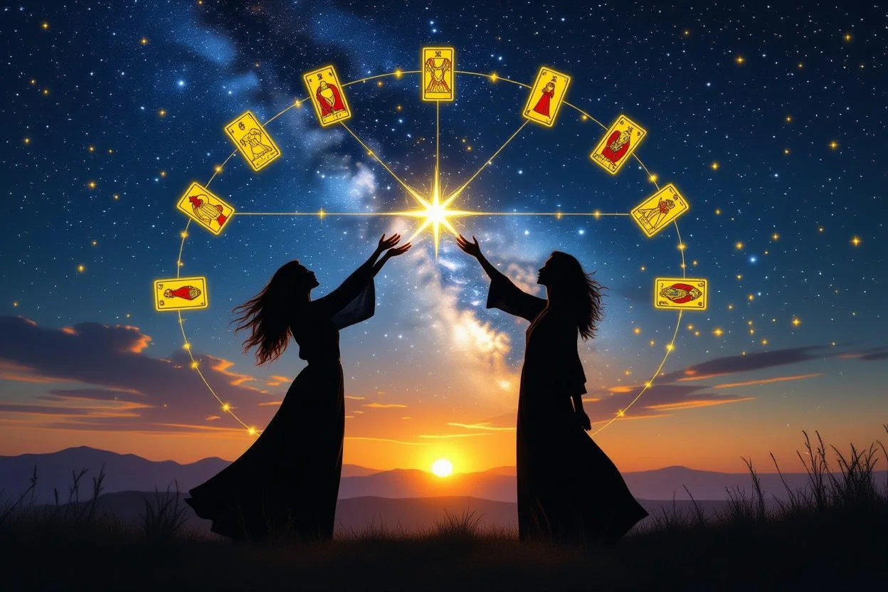 運命の恋を表現した星空の下の二人のシルエット、タロットカードが運命の導きとして光る幻想的な愛のイメージ