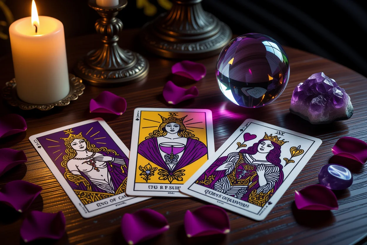 恋愛タロットカードと薔薇の花びらが散らばった神秘的なテーブル