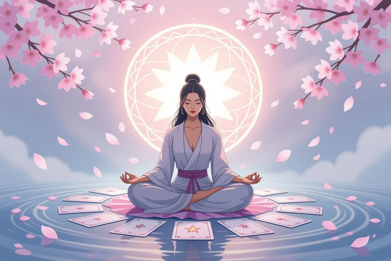 自己受容と癒しを表現した瞑想する人物とタロットカード