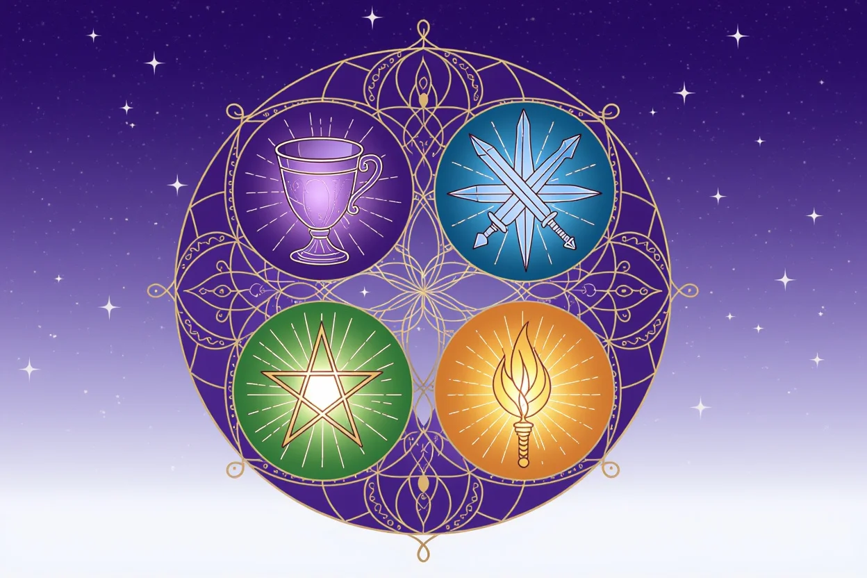 タロットの4つのスート（カップ・ソード・ペンタクル・ワンド）の神秘的なシンボル