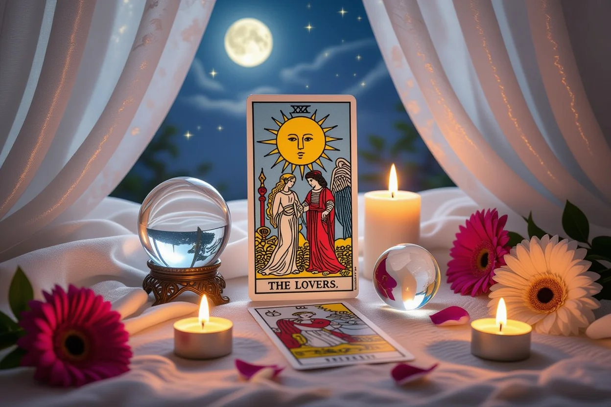恋人カードを中心とした恋愛タロットの神聖な占いスペース